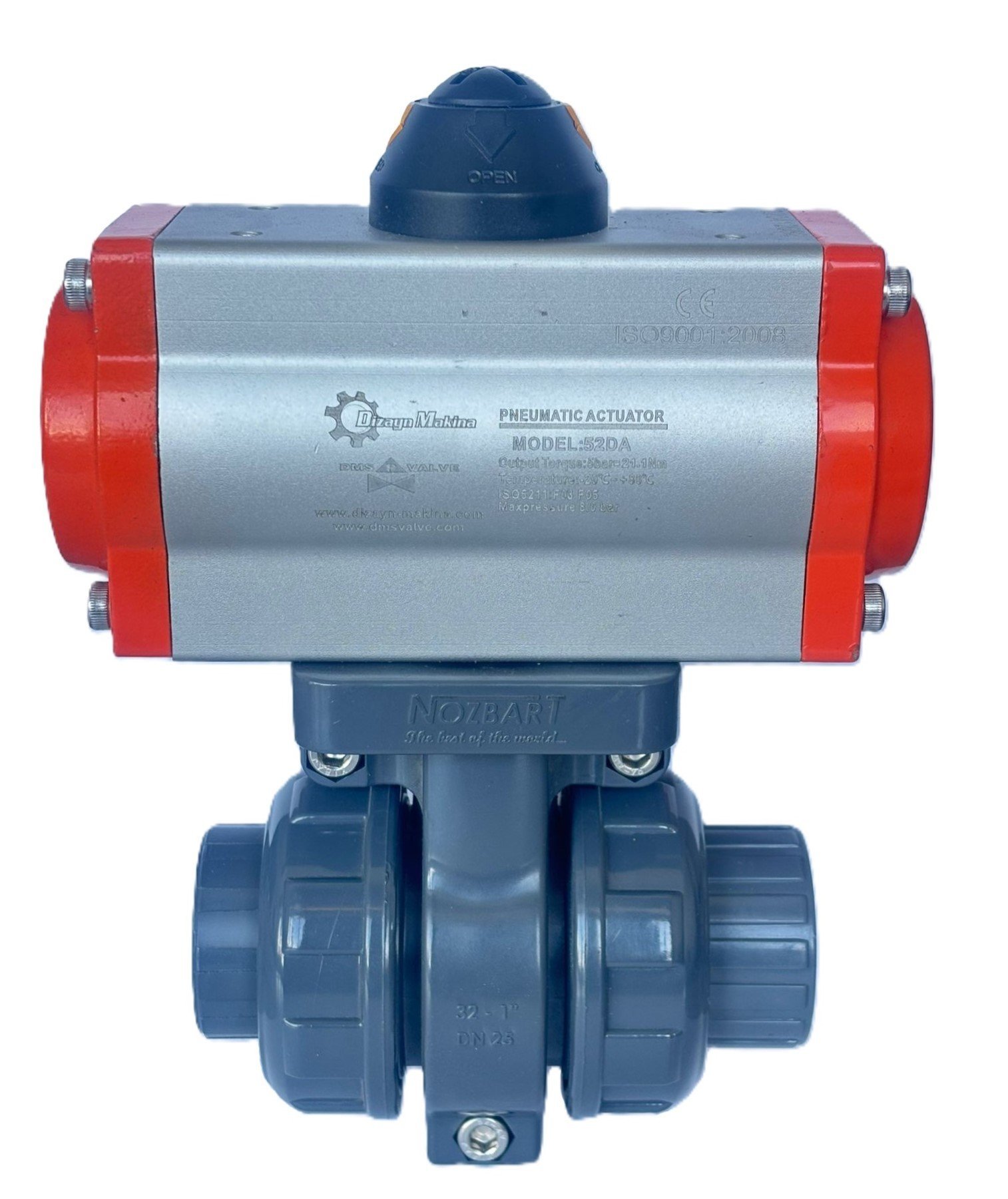 U-Pvc Pnömatik Aktüatörlü Dişli Küresel Vana (Asit) Ø32 mm