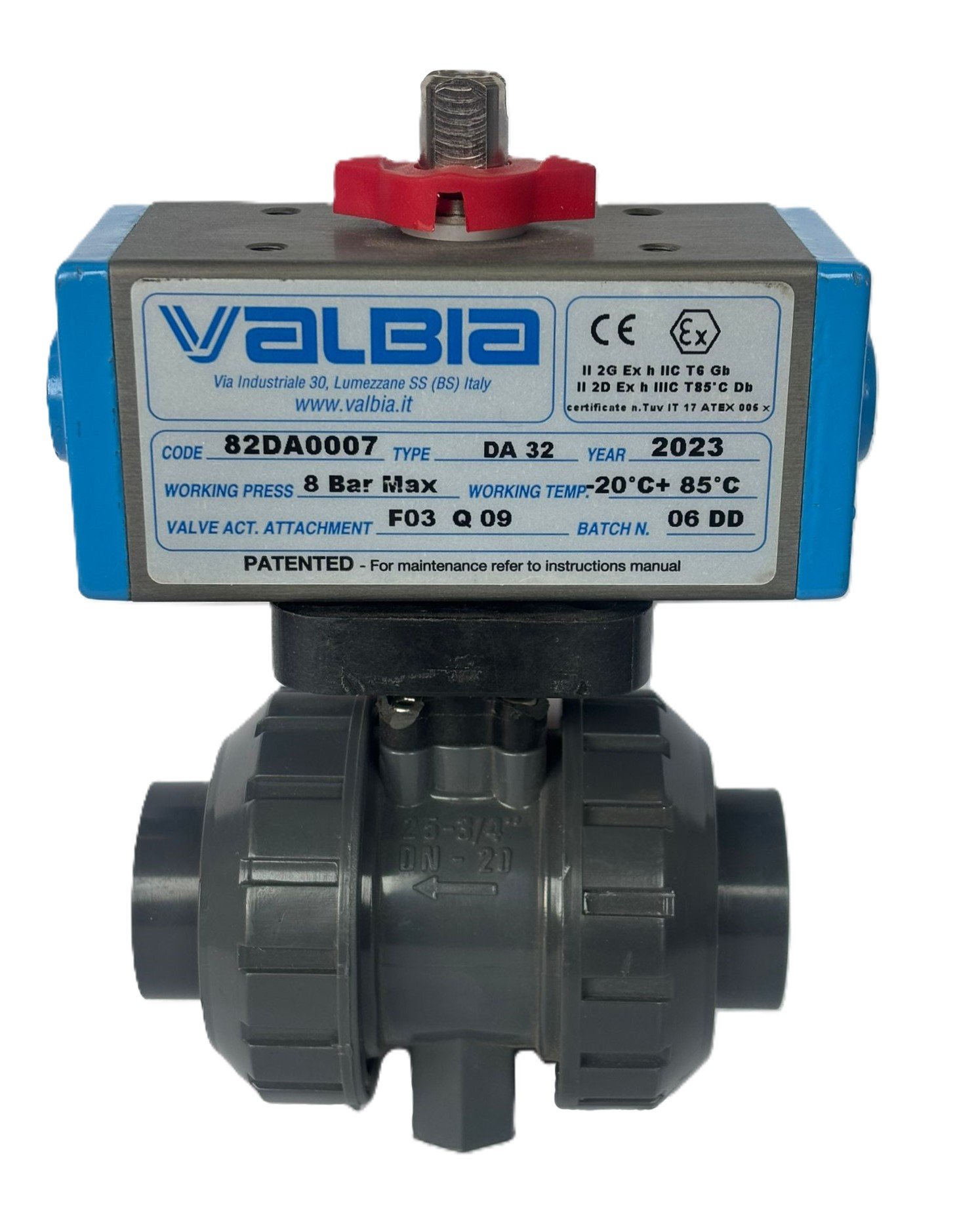 VALBIA U-PVC Pnömatik Aktüatörlü Küresel Vana (Asit) Ø25 mm