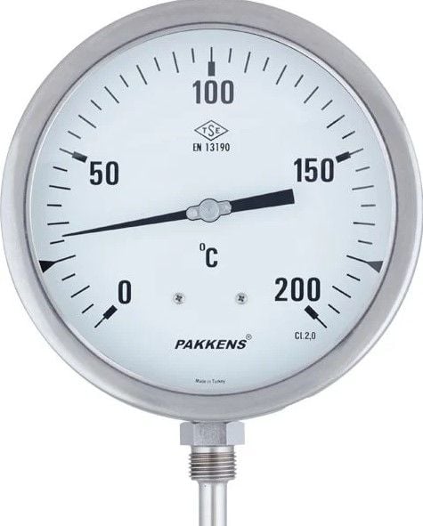 Pakkens Alt Bağlantılı Termometre Ø100mm 200°C 20cm 1/2'' CL 2,0