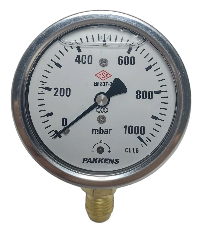 Pakkens Alt Bağlantılı Kapsül Diyaframlı Gliserinli Manometre Ø63 mm 1000 MBar 1/4''