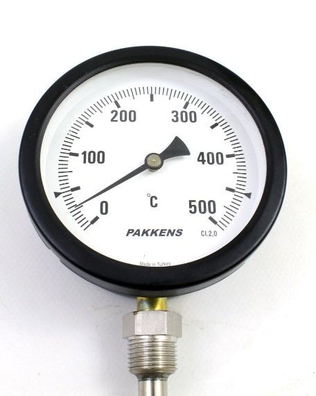 Pakkens Alt Bağlantılı Termometre Ø100mm 500°C 100cm 1/2'' CL2,0