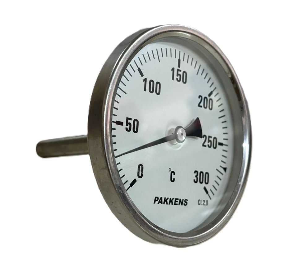 PAKKENS Аркаден свързващ биметален термометър Ø100mm 300°C 10cm 1/2'' CL 2.0