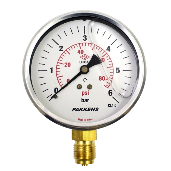 PAKKENS Bottom Connection Glycerin Filled Pressure Gauge Ø100mm 0-6 Bar 1/2