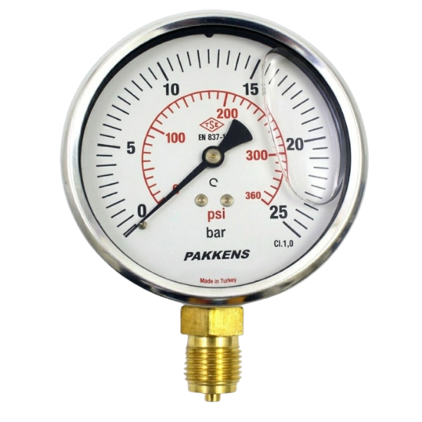 Pakkens Alt Bağlantılı Gliserinli Manometre Ø100mm 25 Bar 1/2''