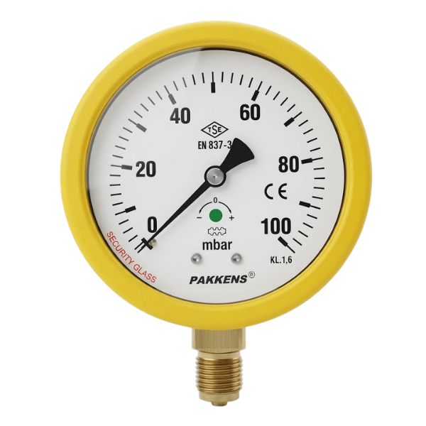 Pakkens Diyaframlı Manometre Ø100mm, 0-100 mbar, 1/2'' Alttan Bağlantı, Cl 1.6