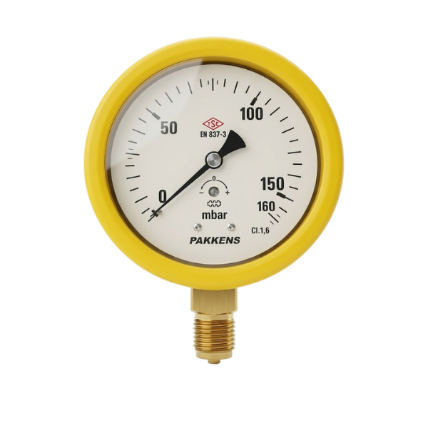 Pakkens Diyaframlı Manometre Ø100mm, 0-160 mbar, 1/2'' Alttan Bağlantı, Cl 1.6