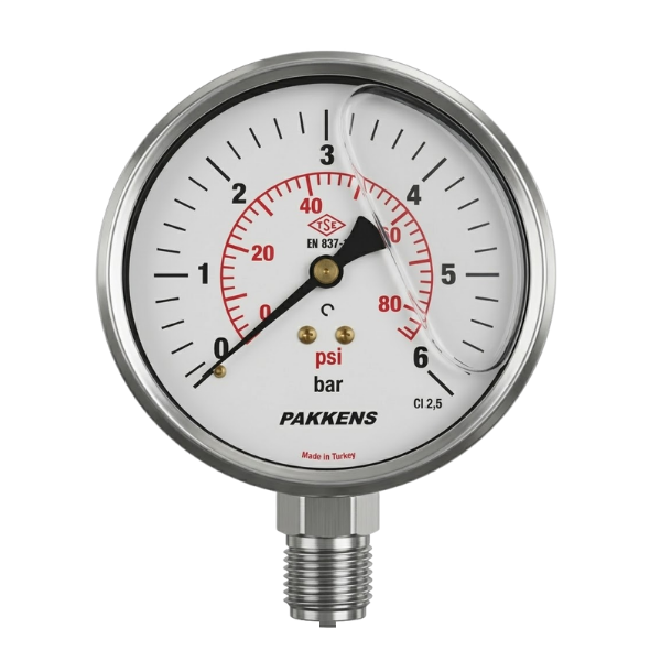 Pakkens Alt Bağlantılı Gliserinli Paslanmaz Manometre Ø63mm 6 Bar 1/2''