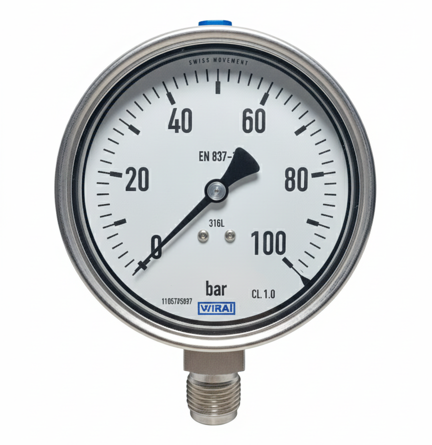 WIKA 232.50 Paslanmaz Gliserinli Manometre Ø100 mm – 0-100 Bar (Alt Bağlantılı, CL 1.0)