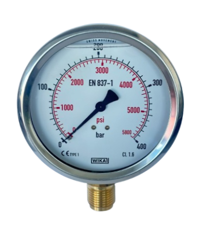 WIKA 232.50 Paslanmaz Gliserinli Manometre – 100 mm, 400 Bar, Alt Bağlantı (CL 1.0)