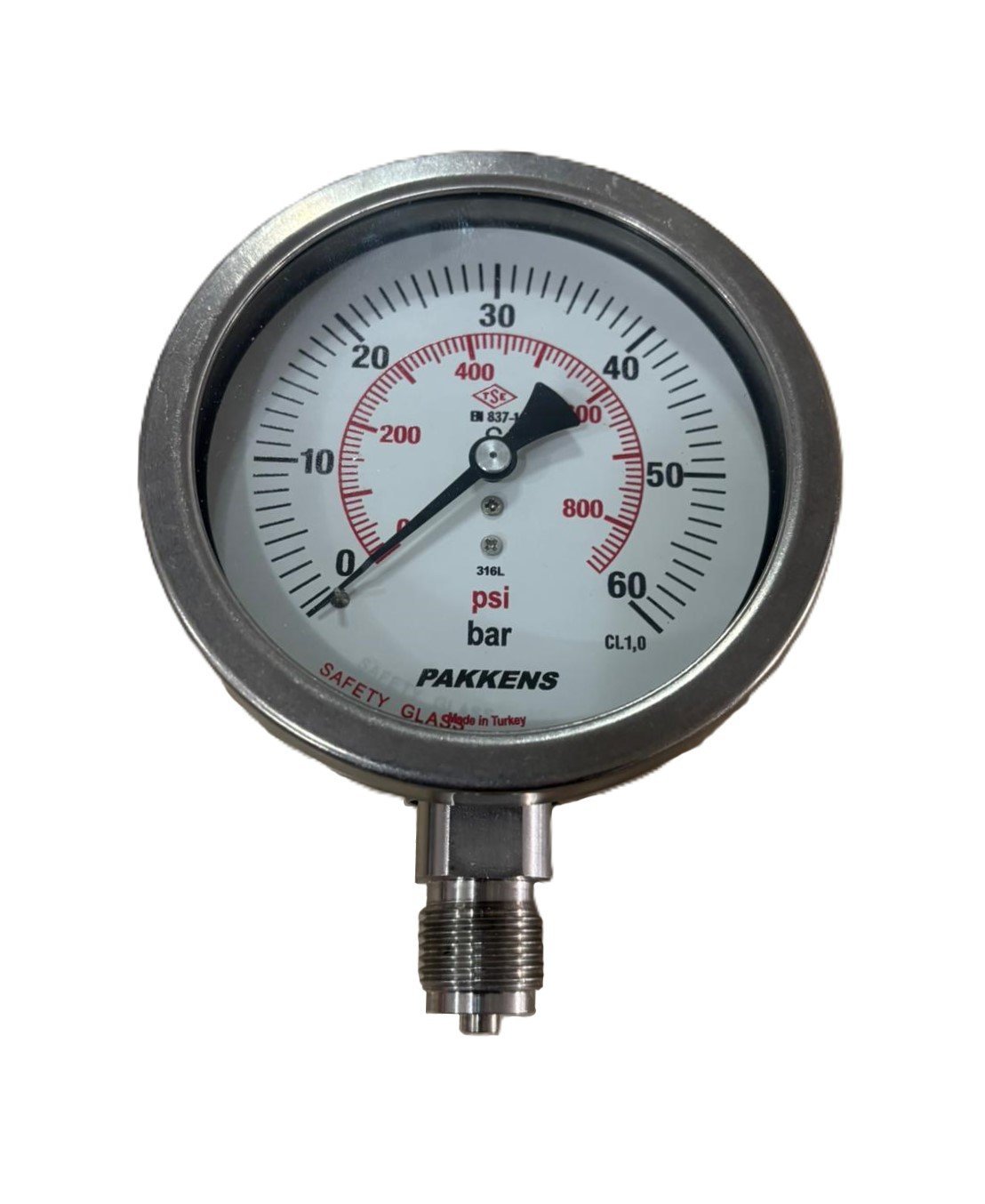 Pakkens Alt Bağlantılı Kuru Tip Paslanmaz Manometre Ø100 mm 60 Bar CL 1,0
