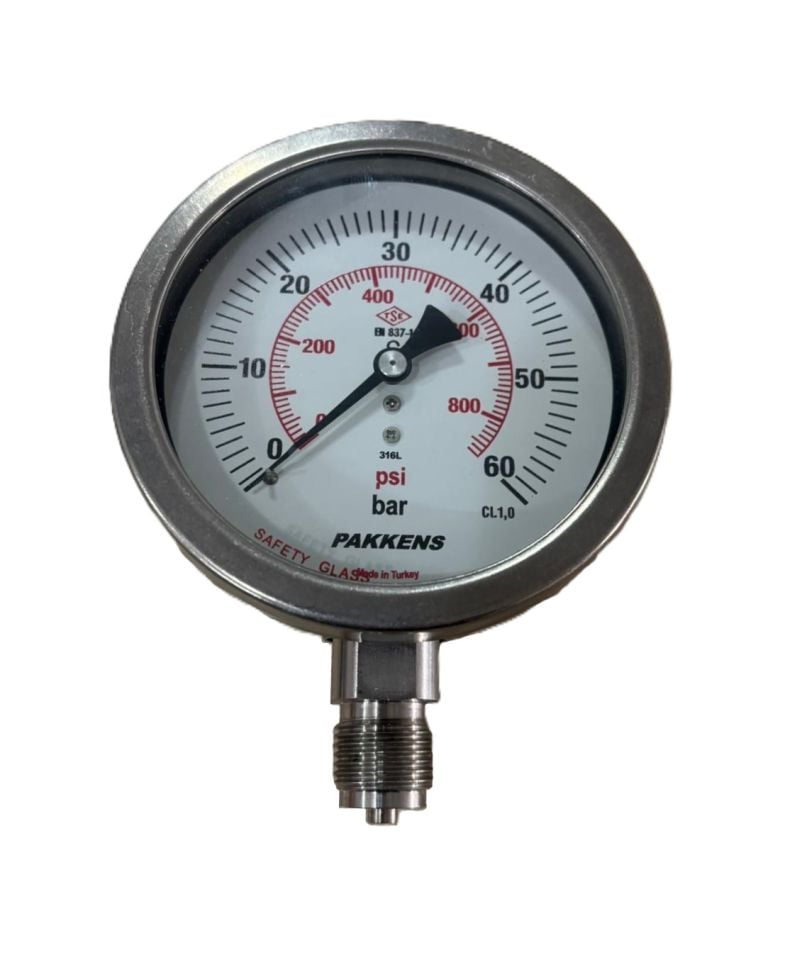 Pakkens Alt Bağlantılı Kuru Tip Paslanmaz Manometre Ø100 mm 60 Bar CL 1,0