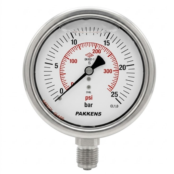 Pakkens Alt Bağlantılı Gliserinli Manometre Ø100 mm 25 Bar 1/2''
