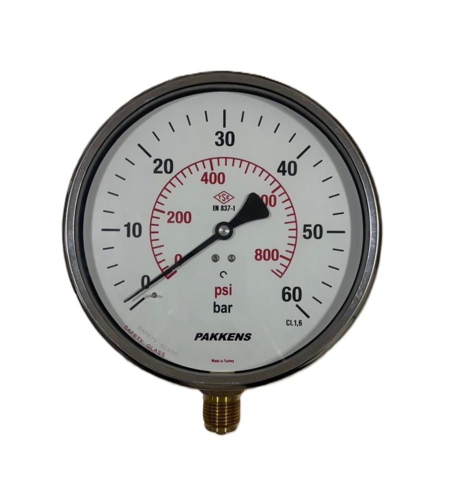 Pakkens Alt Bağlantılı Manometre Ø160mm 60 Bar CL 1,6