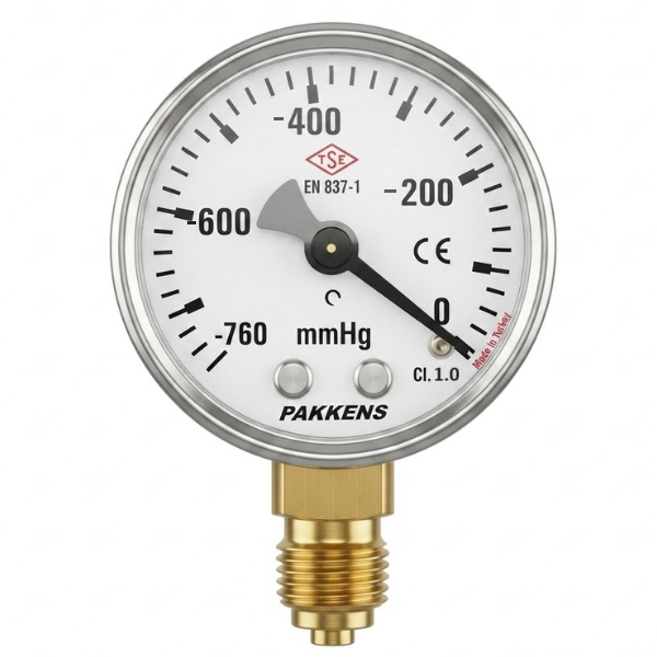 Pakkens Alt Bağlantılı Manovakummetre Ø100 mm -760/0 mmHg 1/4''