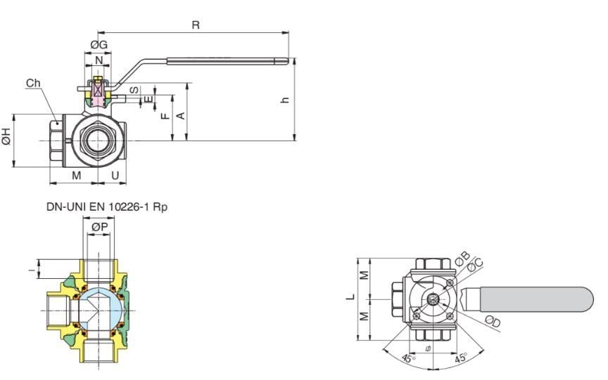 RB COMBI-SFER 3600 L Pirinç 3 Yollu Küresel Vana PN16 3/4''
