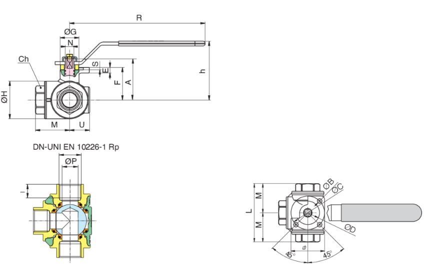 RB COMBI-SFER 3600 L Pirinç 3 Yollu Küresel Vana PN16 3/4''