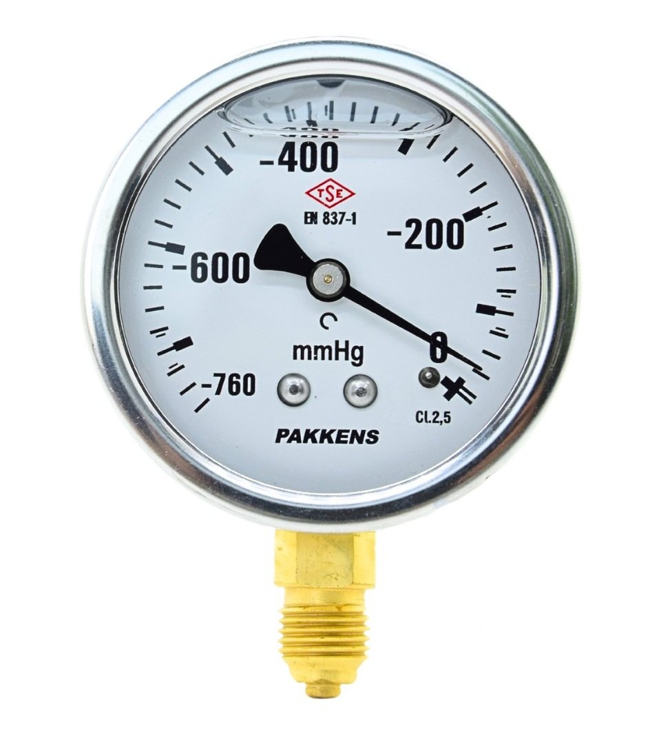 Pakkens Alt Bağlantılı Gliserinli Tip Manovakummetre Ø100 mm 0/-760 mmHg 1/4''﻿