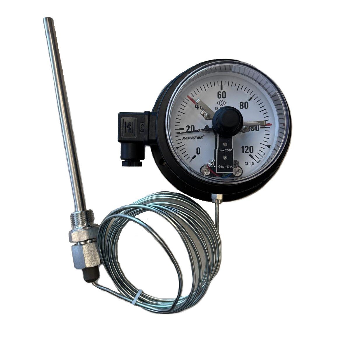 Pakkens Gaz Dolgulu Kontaklı Termometre Ø100mm 120°C 3mt CL 1,0