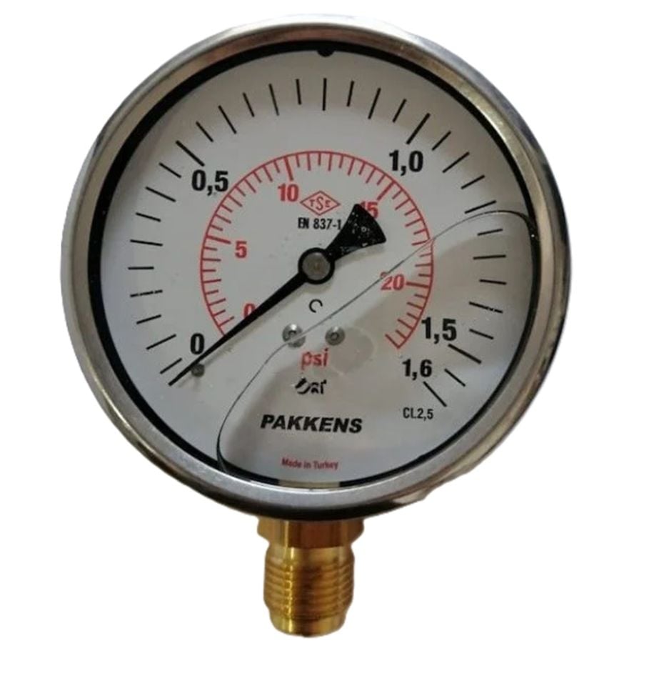 Pakkens Alt Bağlantılı Gliserinli Manometre Ø63 mm 1,6 Bar 1/4''