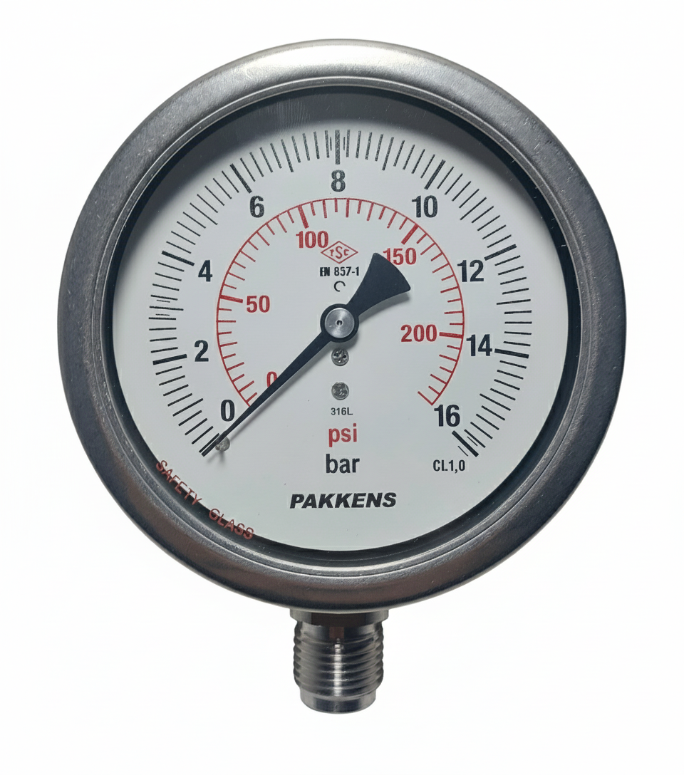 PAKKENS Alt Bağlantılı Doldurulabilir Manometre Ø100 mm 16Bar 1/2''