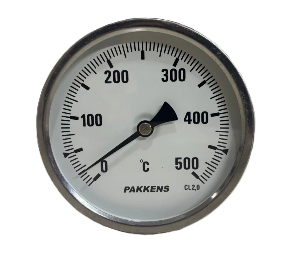 Биметален термометър Pakkens, монтиран на гърба Ø63mm 500°C 1/2'' 20 см CL 2,0