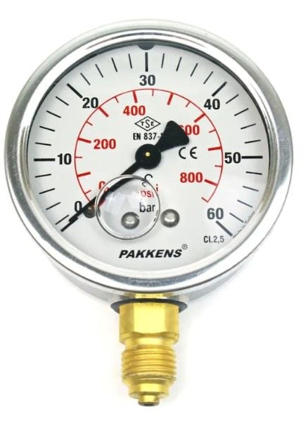 Pakkens Alt Bağlantılı Gliserinli Manometre Ø50 mm 0-60 Bar 1/4''