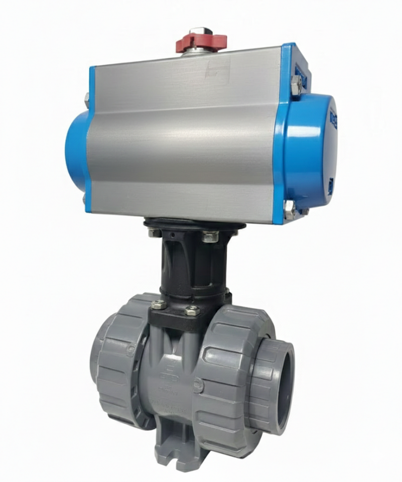 Praher Pnömatik Aktüatörlü U-PVC Yapıştırma Küresel Vana (Asit) PN16 Ø50mm