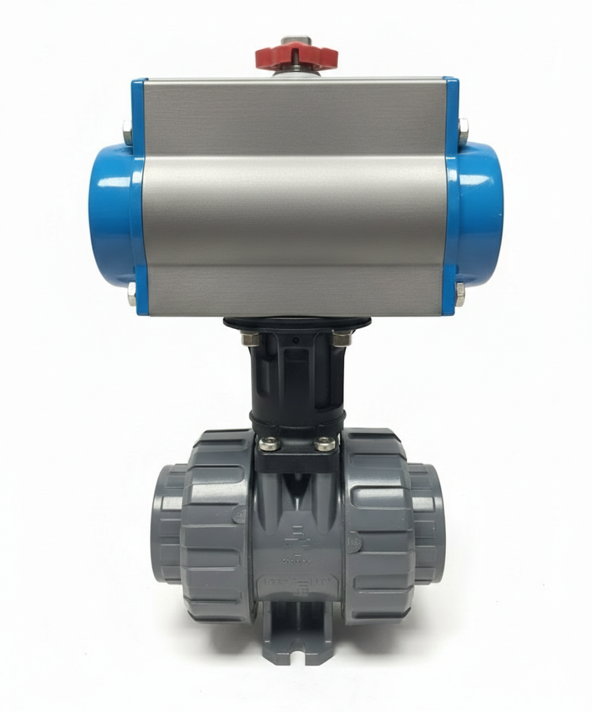 Praher Pnömatik Aktüatörlü U-PVC Yapıştırma Küresel Vana (Asit) PN16 Ø32mm