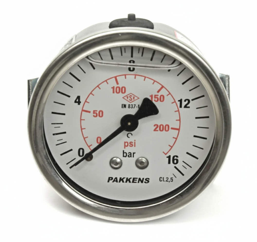 Глицеринов манометър Pakkens за заден монтаж тип панел Ø100 мм 16 бара