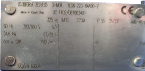 SIEMENS 1LG6 223-6AA90-Z Electric Motor 34.6 kW 1180 rpm IE2 B3