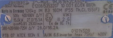 SIEMENS Ex-Proof Elektrik Motoru 15 kW 2930 d/d B3