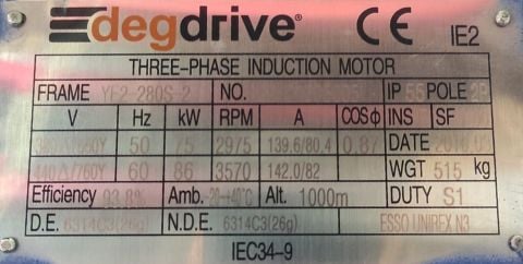 DEG DRIVE Elektrik Motoru 75 kW 2975 d/d IE2