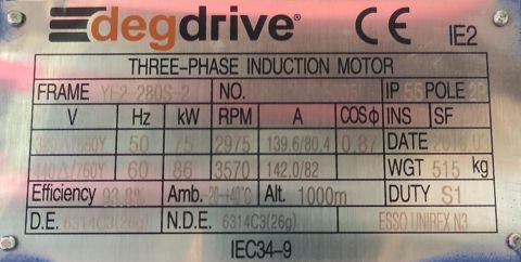 DEG DRIVE Elektrik Motoru 75 kW 2975 d/d IE2