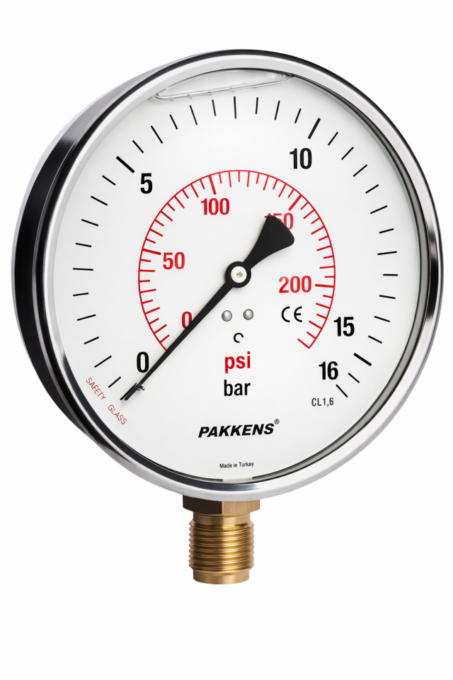 Pakkens Alt Bağlantılı Gliserinli Manometre Ø160 mm 16 Bar