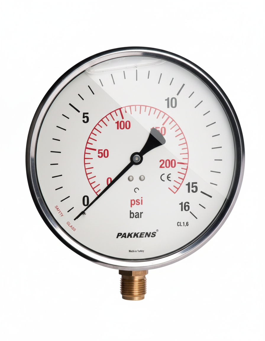 Pakkens Alt Bağlantılı Gliserinli Manometre Ø160 mm 16 Bar