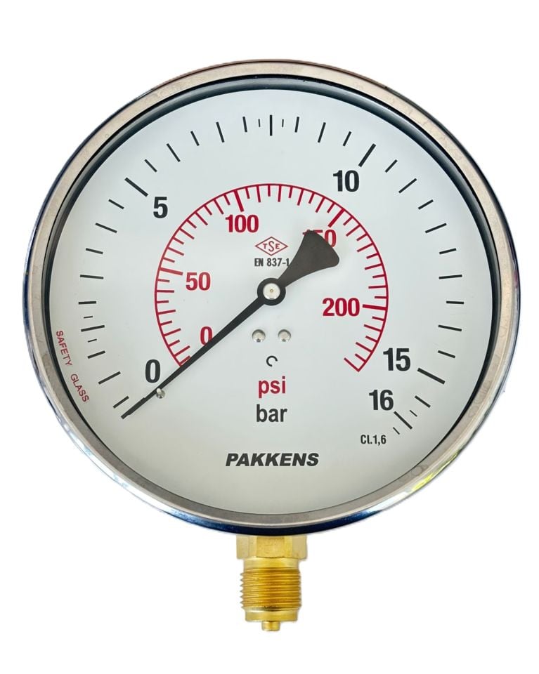 PAKKENS Alt Bağlantılı Kuru Tip Manometre 160 mm 0-16 Bar