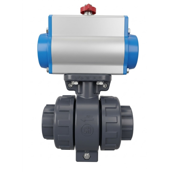 Pnömatik Aktüatörlü U-PVC Dişli Küresel Vana (Asit) Ø40 mm