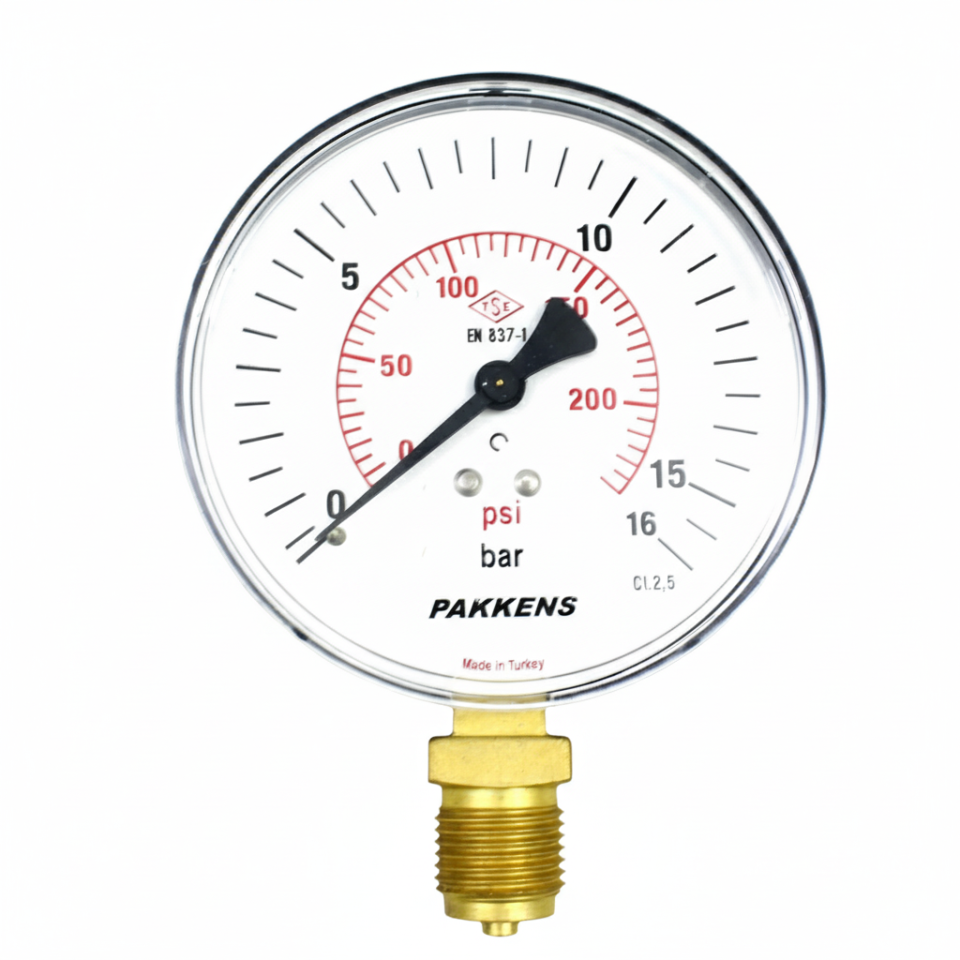 PAKKENS Akrilik Kapak Alt Bağlantılı Manometre Ø100 mm 16 Bar 1/2''