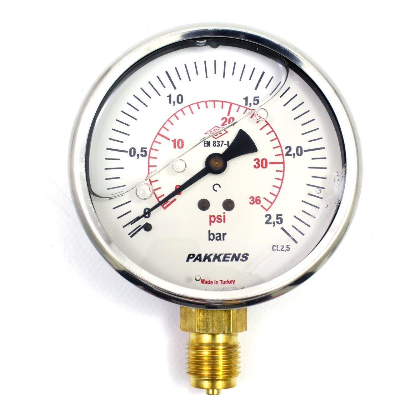 PAKKENS Alt Bağlantılı Gliserinli Manometre Ø100 mm 2,5 Bar 1/2''