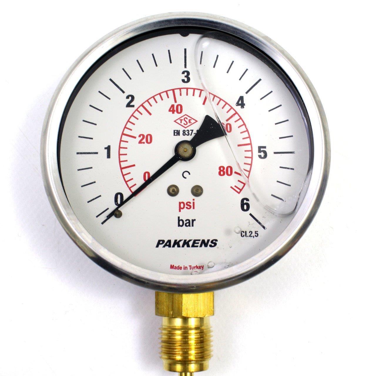 Pakkens Lower Connection Glycerin Manometer Ø100 mm 6 Bar 1/2''