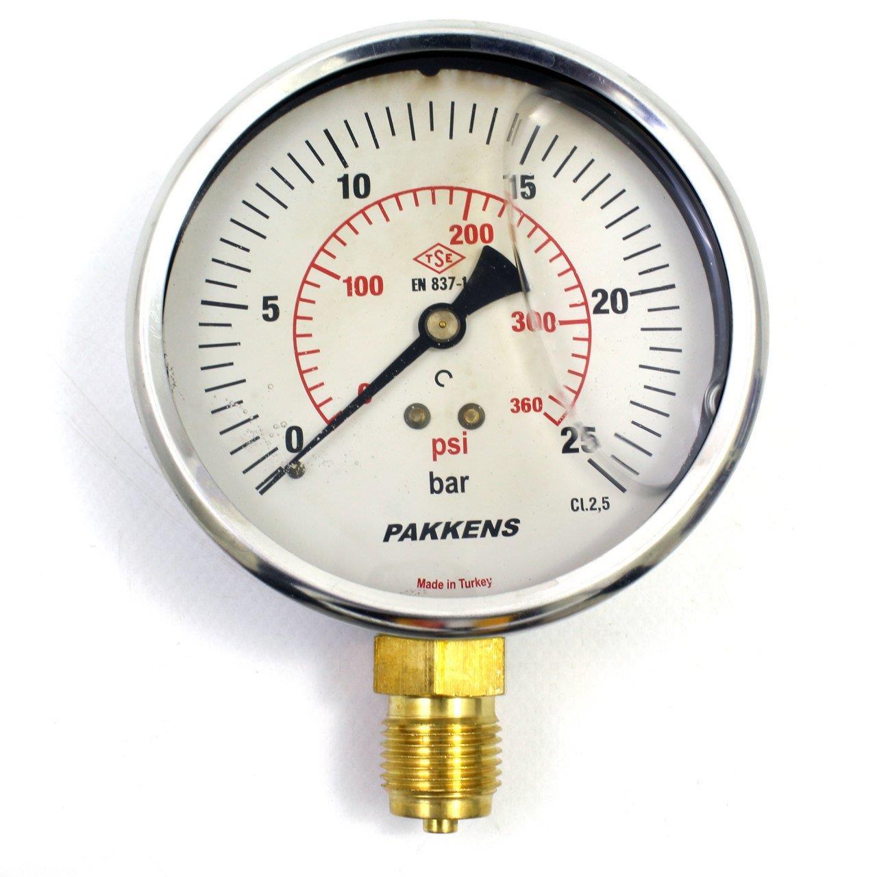 Pakkens Alt Bağlantılı Gliserinli Manometre Ø100 mm 25 Bar 1/2''
