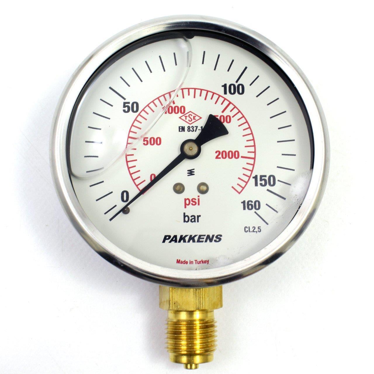 Pakkens Alt Bağlantılı Gliserinli Manometre Ø100 mm 160 Bar 1/2''