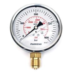 PAKKENS Glycerin-Filled Pressure Gauge, Bottom Connection Ø100 mm 0-400 Bar 1/2
