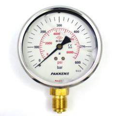 Pakkens Alt Bağlantılı Gliserinli Manometre Ø100 mm 600 Bar 1/2''