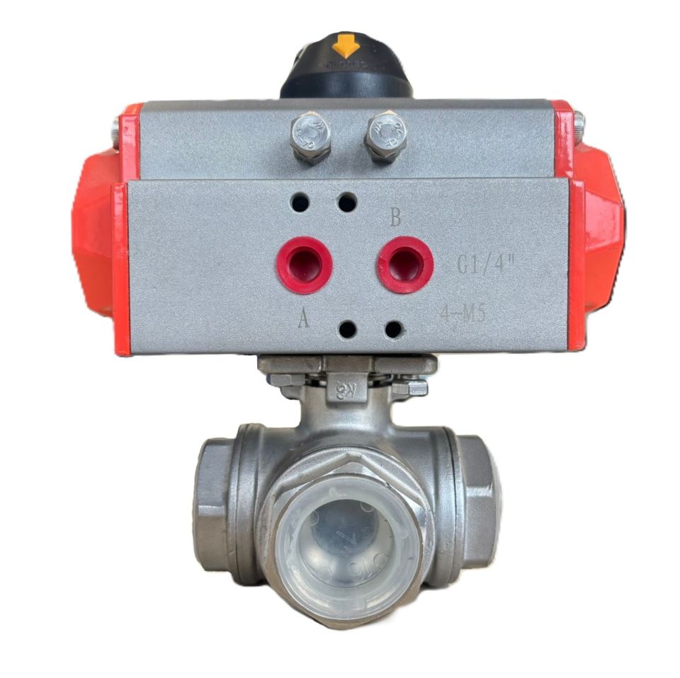 Pnömatik Aktüatörlü 3 Yollu 'L' Port Paslanmaz Küresel Vana 1'' AISI 304