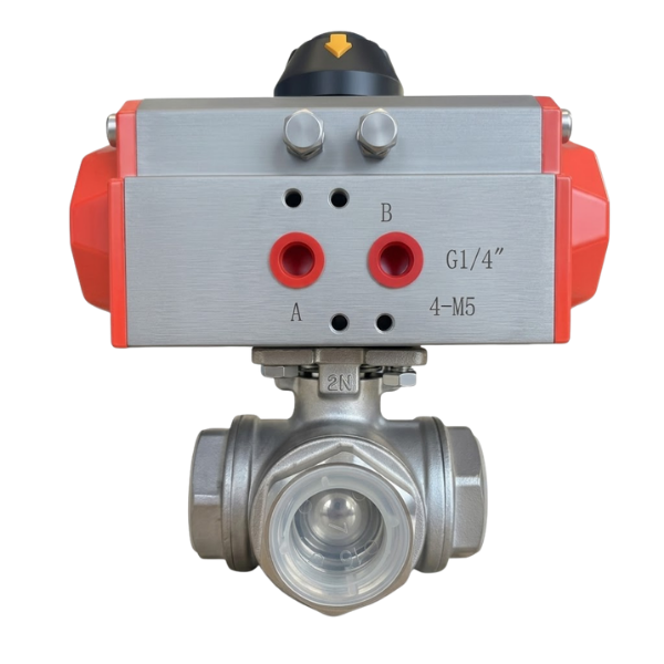 3 Way 'L' Port Stainless Ball Valve with Pneumatic Actuator 1'' AISI 304