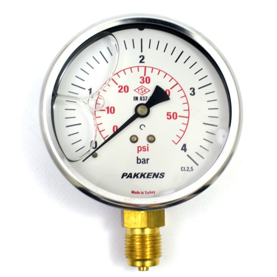 PAKKENS Glycerin Filled Pressure Gauge Bottom Connection Ø160 mm 4 Bar 1/2