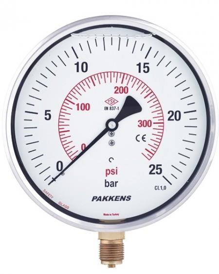 Pakkens Глицеринов манометър с долна връзка R 1/2'' 25 Bar 160 mm CL 1,6