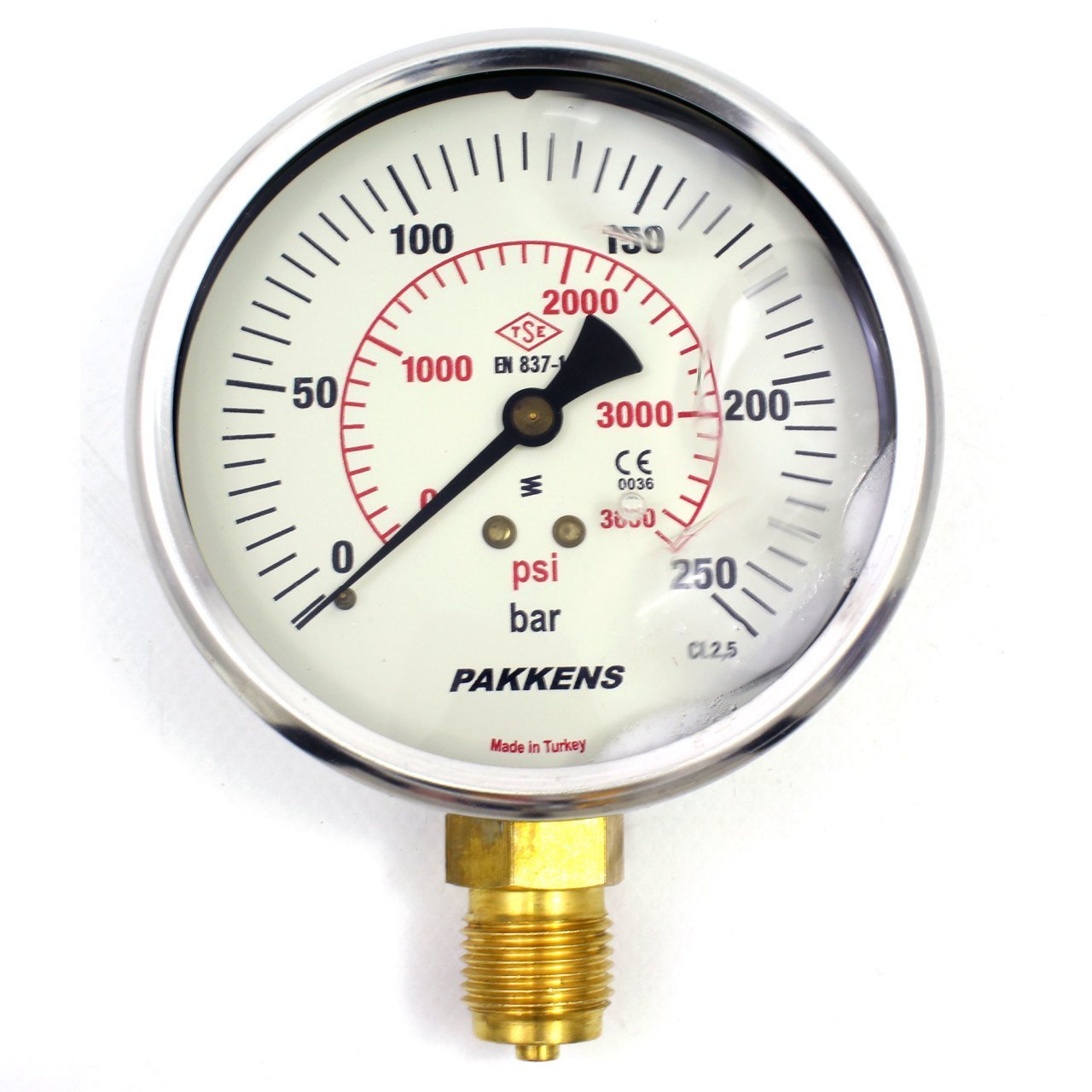 PAKKENS Манометър с глицерин, долно свързване Ø160 mm 250 Bar 1/2'' CL 1,6