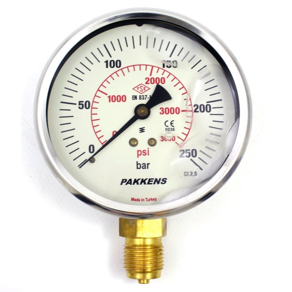 PAKKENS Alt Bağlantılı Gliserinli Manometre Ø160 mm 250 Bar 1/2'' CL 1,6